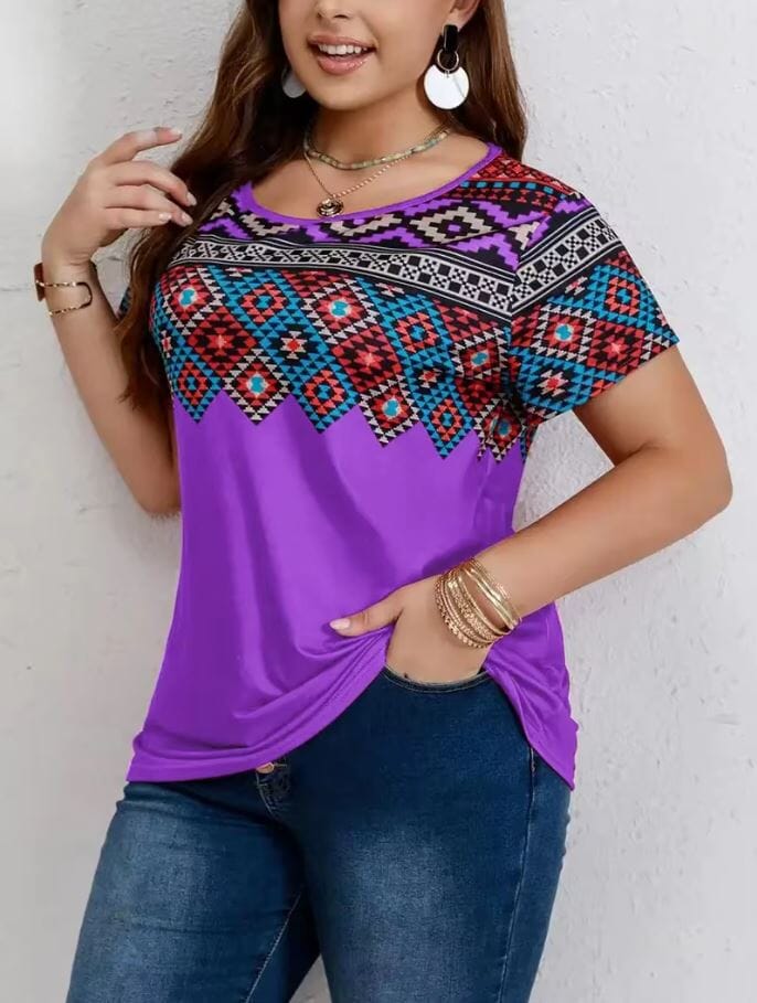 Women Plus Size Geometric Pattern Printed Ethnic Round Neck Short Sleeve Tops Shirts & Tops jehouze Purple L 