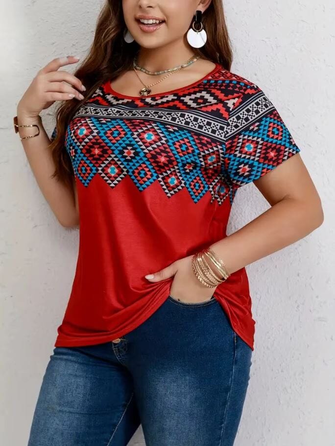 Women Plus Size Geometric Pattern Printed Ethnic Round Neck Short Sleeve Tops Shirts & Tops jehouze Red L 