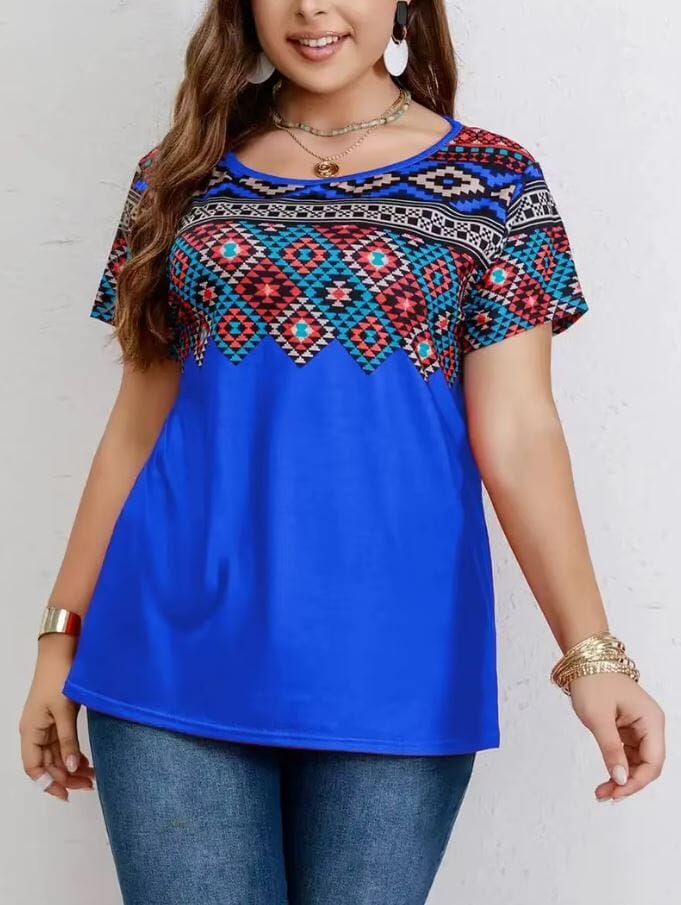 Women Plus Size Geometric Pattern Printed Ethnic Round Neck Short Sleeve Tops Shirts & Tops jehouze Royal Blue L 