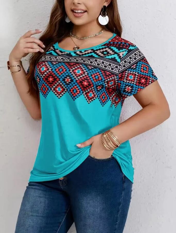 Women Plus Size Geometric Pattern Printed Ethnic Round Neck Short Sleeve Tops Shirts & Tops jehouze Sky Blue L 