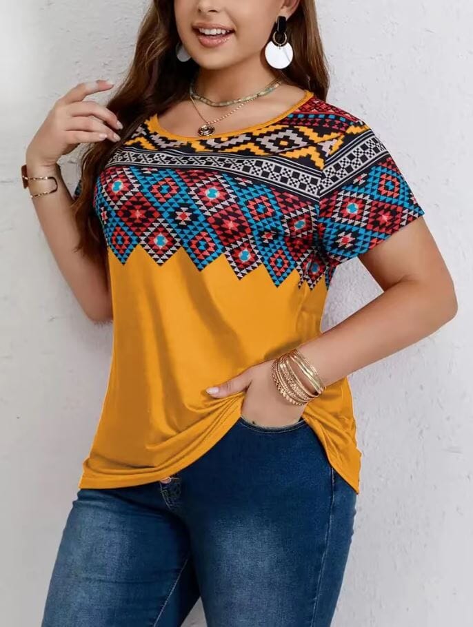 Women Plus Size Geometric Pattern Printed Ethnic Round Neck Short Sleeve Tops Shirts & Tops jehouze Yellow L 