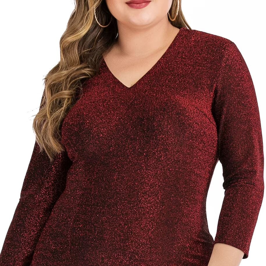 Women Plus Size Glitter V Neck 3/4 Sleeve Bodycon Formal Midi Dress Dresses jehouze 