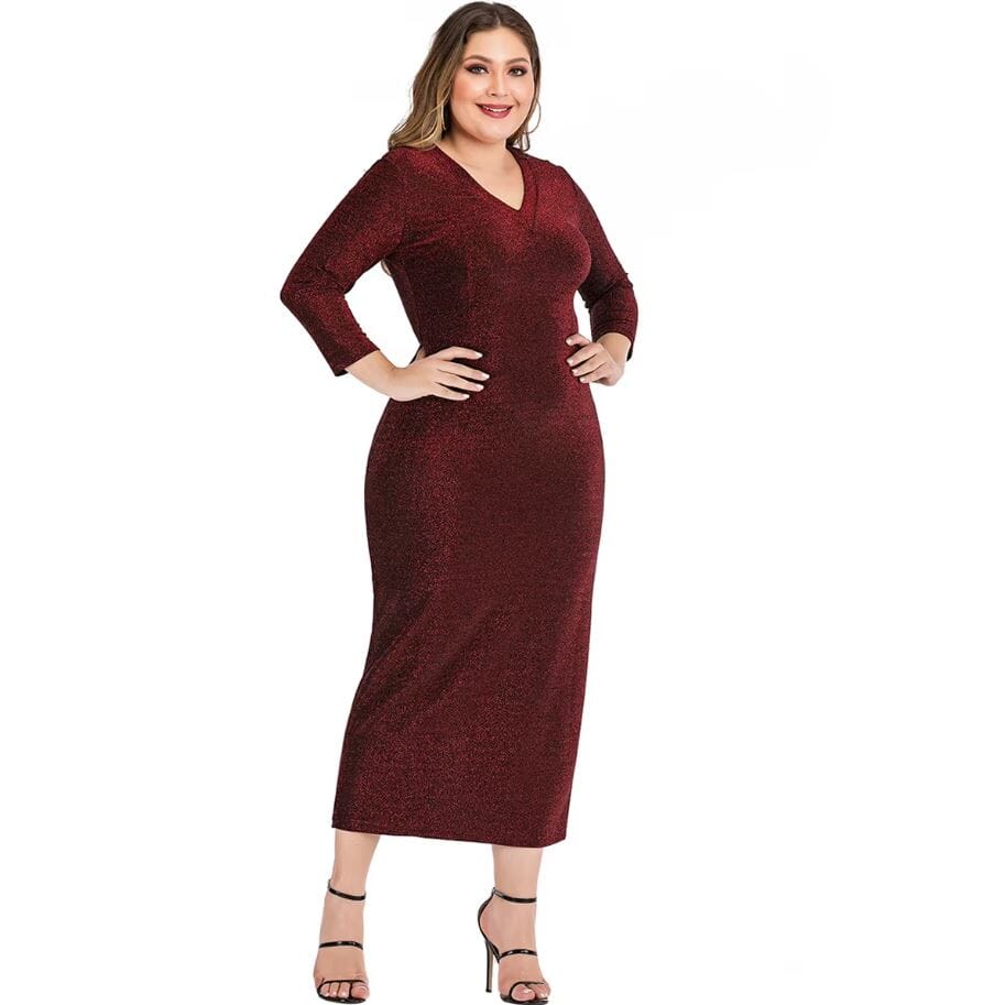 Women Plus Size Glitter V Neck 3/4 Sleeve Bodycon Formal Midi Dress Dresses jehouze 