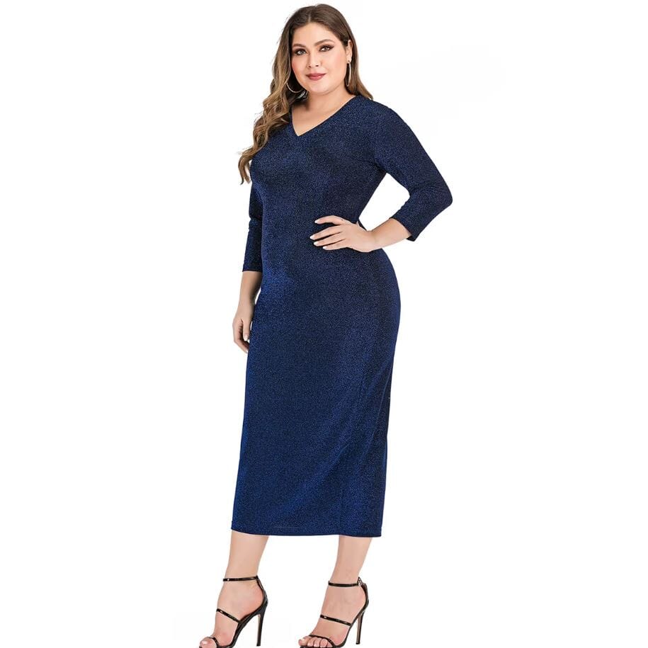 Women Plus Size Glitter V Neck 3/4 Sleeve Bodycon Formal Midi Dress Dresses jehouze 