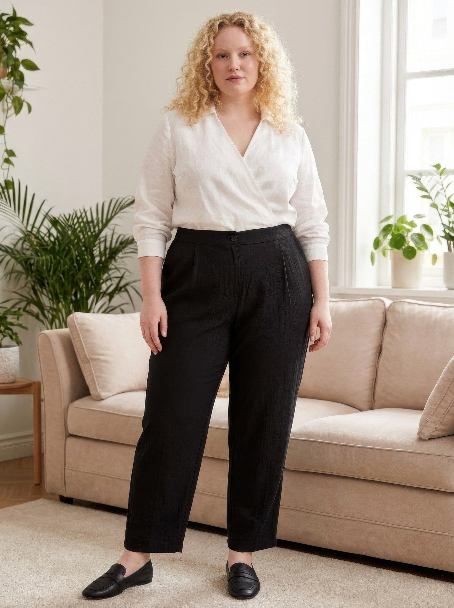 Women Plus Size High-rise Linen-blend Straight Leg Pants Pants jehouze Black XL 
