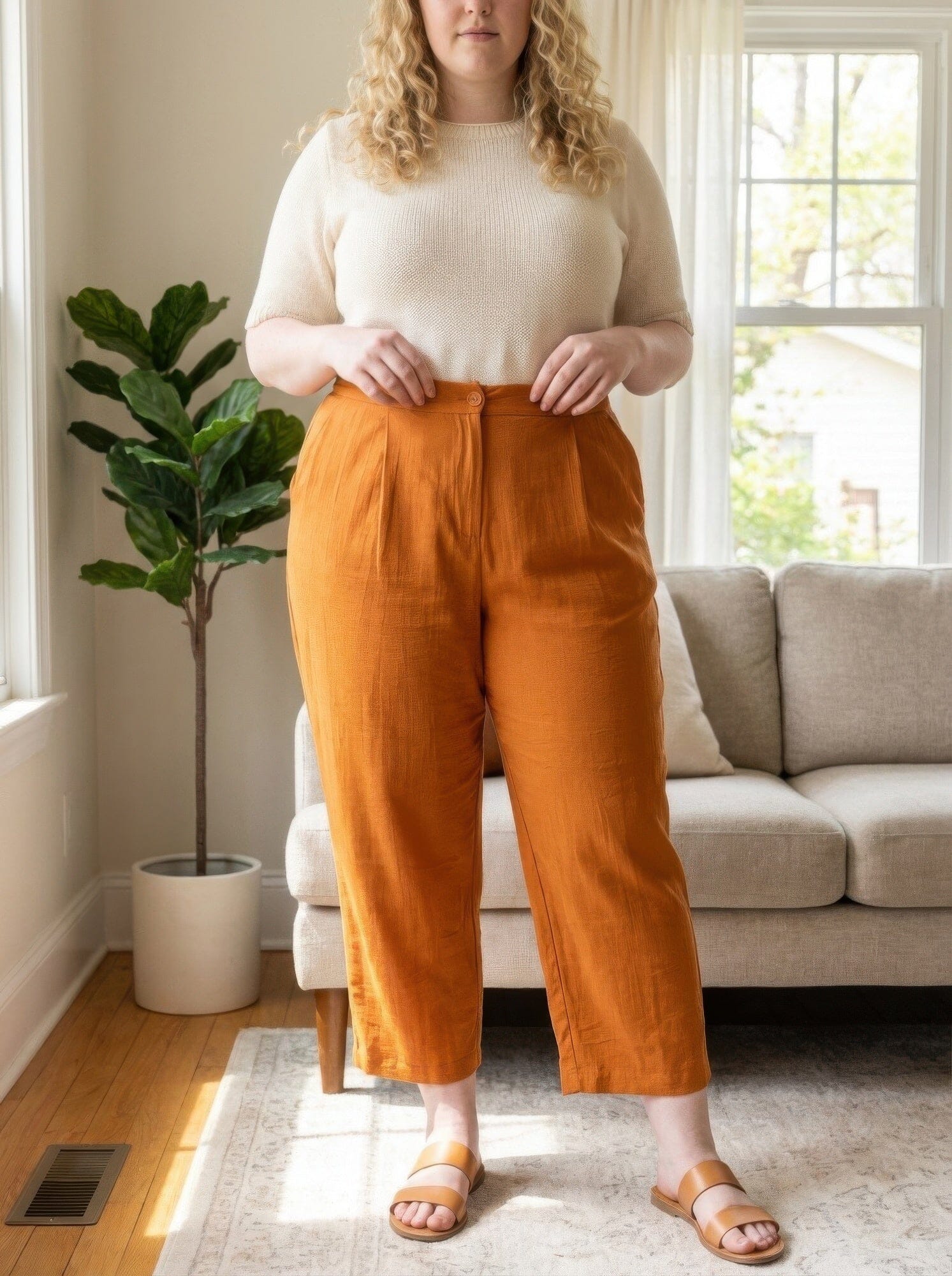 Women Plus Size High-rise Linen-blend Straight Leg Pants Pants jehouze Orange XL 