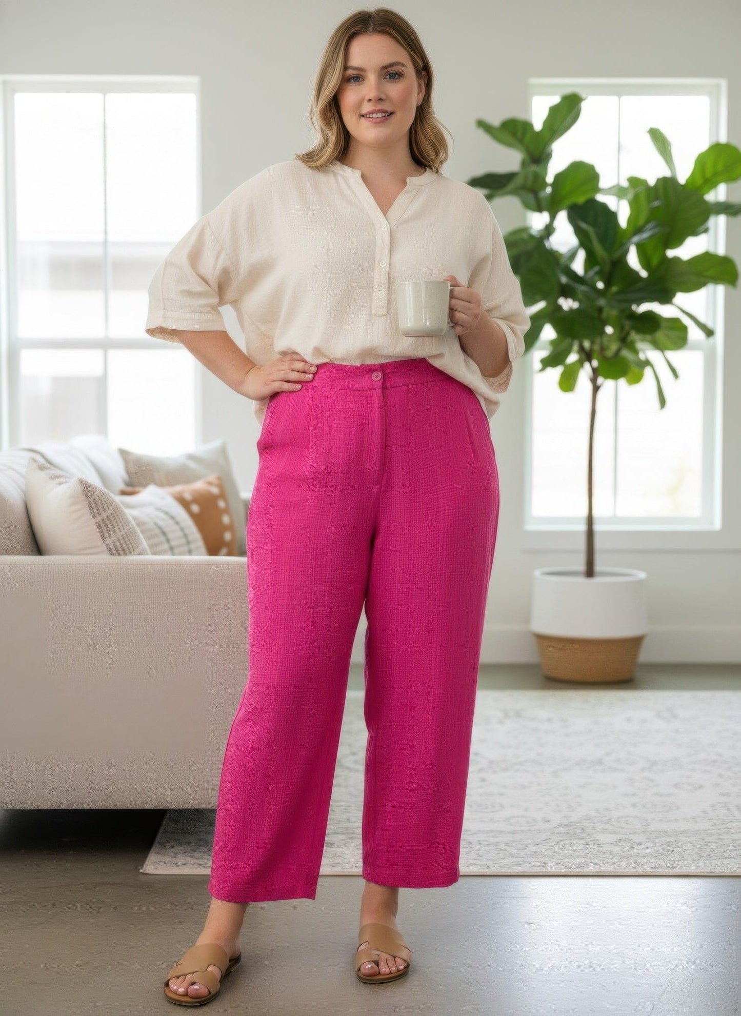 Women Plus Size High-rise Linen-blend Straight Leg Pants Pants jehouze Rose red XL 