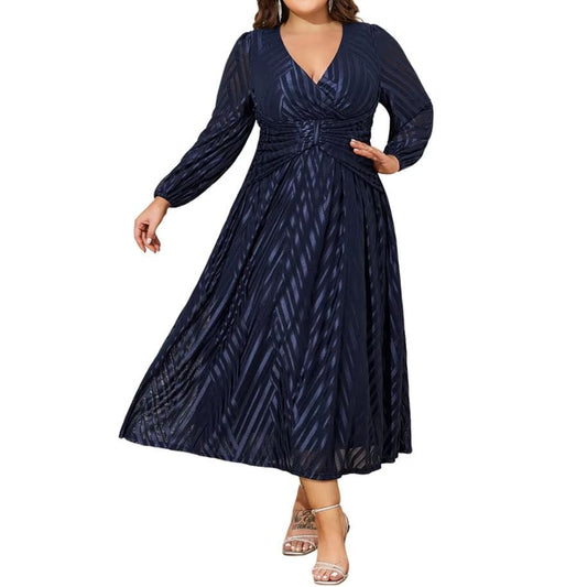 Women Plus Size Jacquard Mesh V Neck Elegant Gowns Long Dress Dresses jehouze 