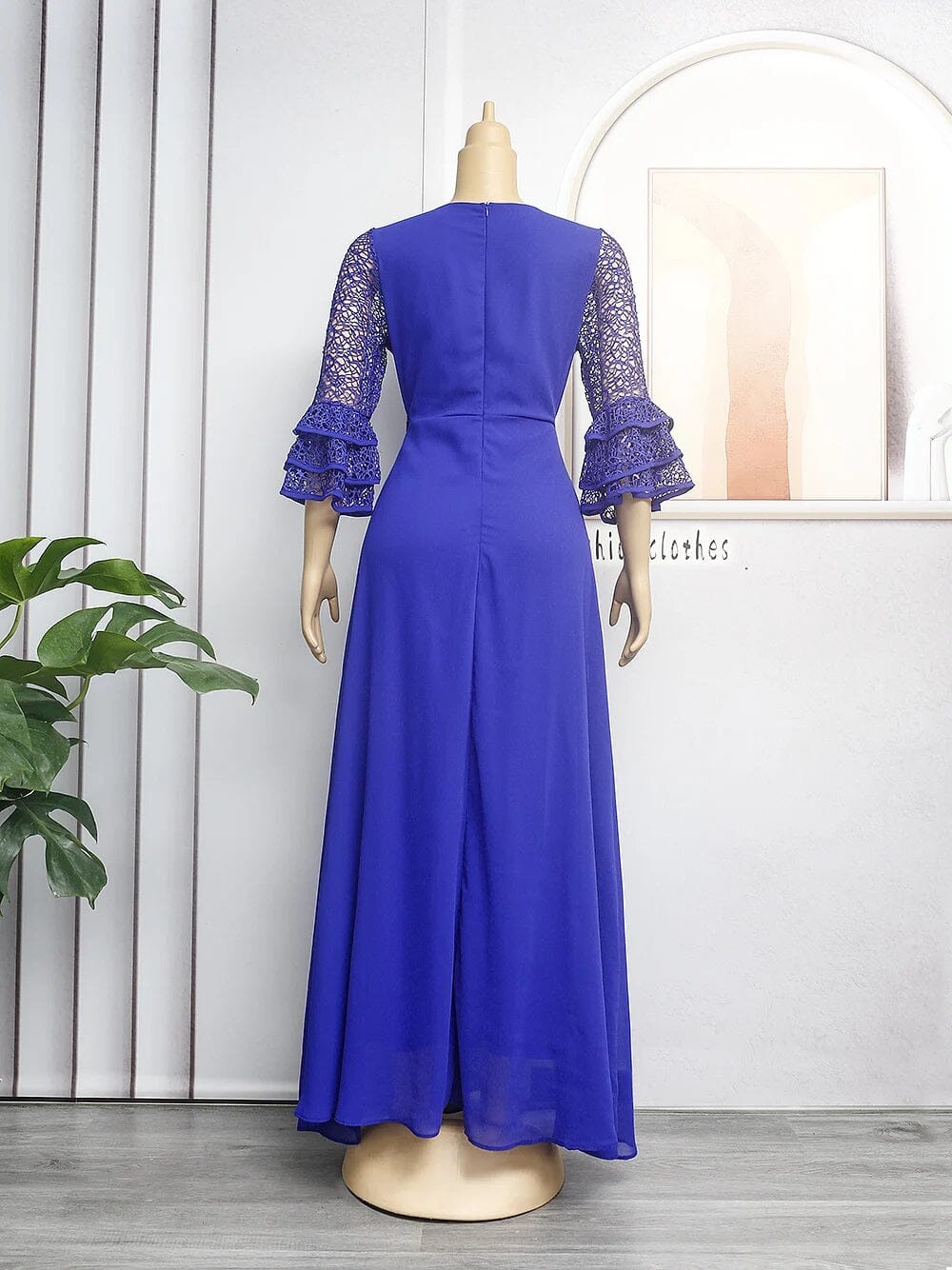 Women Plus Size Lace Chiffon Flare Sleeves Round Neck Maxi Dress Dresses jehouze 