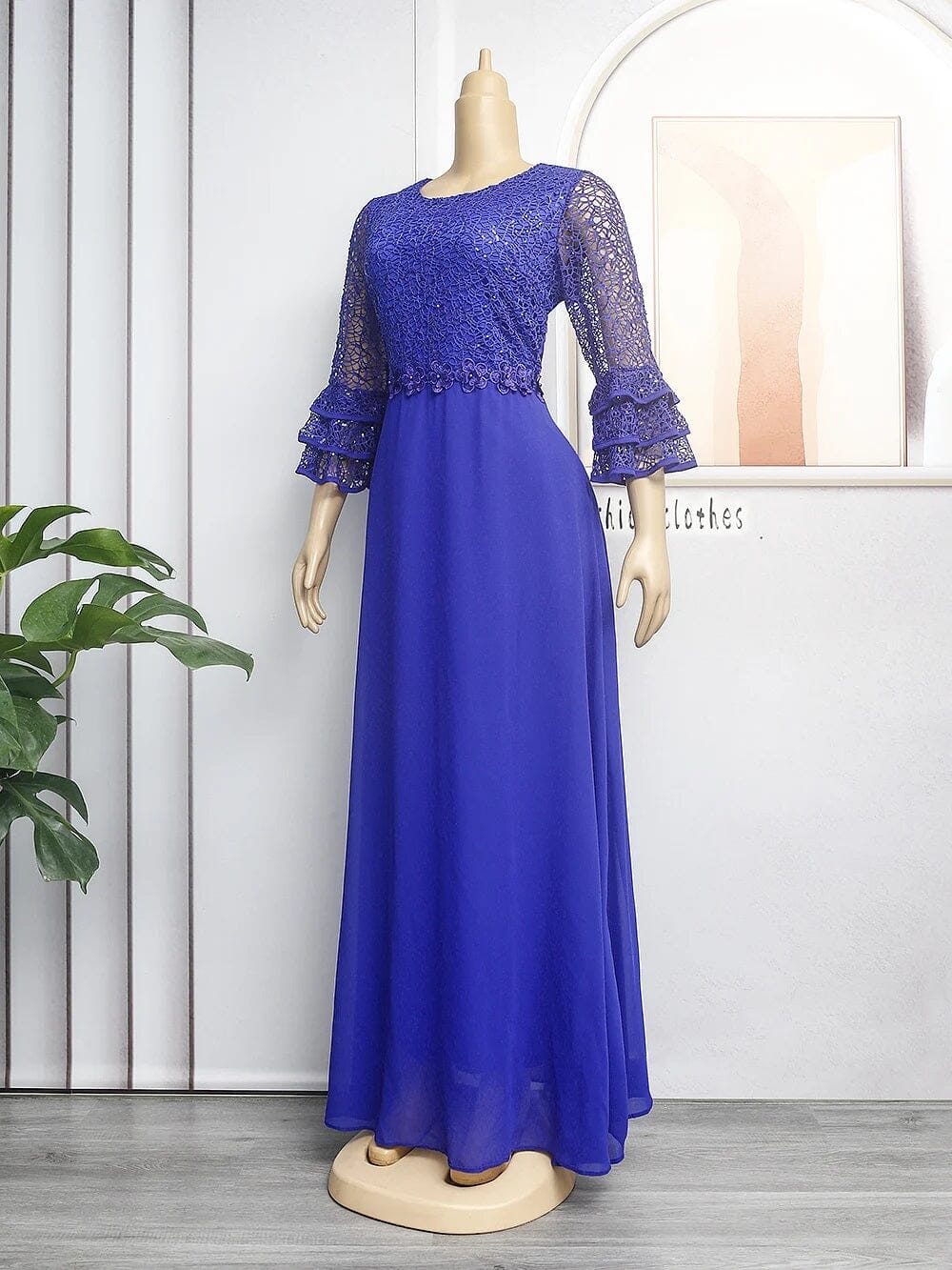 Women Plus Size Lace Chiffon Flare Sleeves Round Neck Maxi Dress Dresses jehouze 