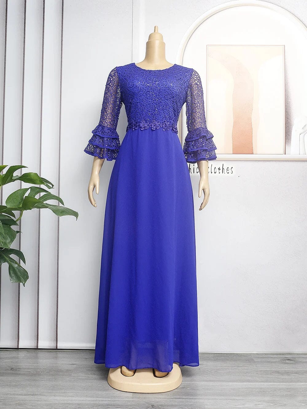 Women Plus Size Lace Chiffon Flare Sleeves Round Neck Maxi Dress Dresses jehouze 