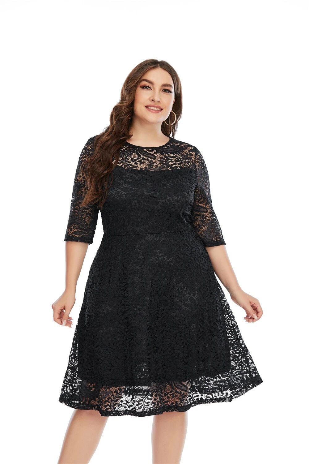 Women Plus Size Lace Crew Neck 3/4 Sleeve High Waist Dress Dresses jehouze Black XL 