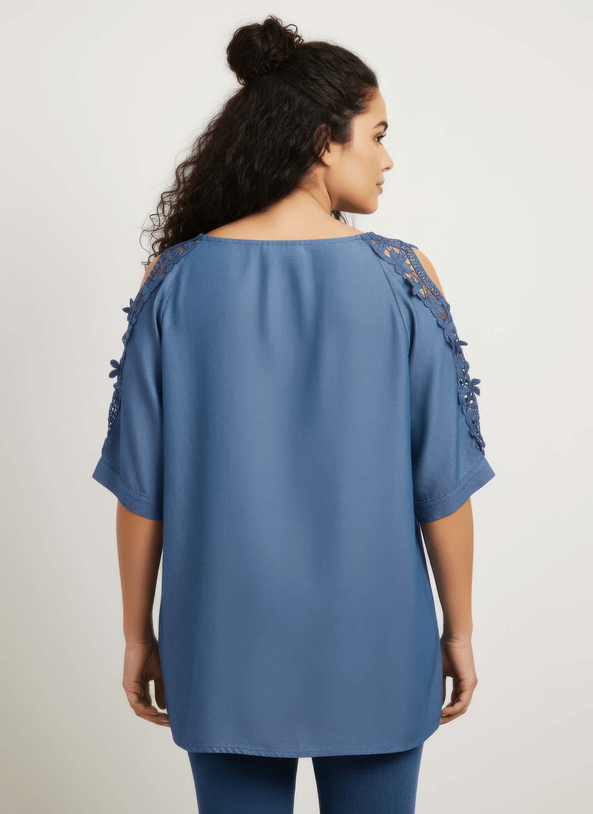 Women Plus Size Lace Sleeve Chambray-inspired Knit Top Shirts & Tops jehouze 