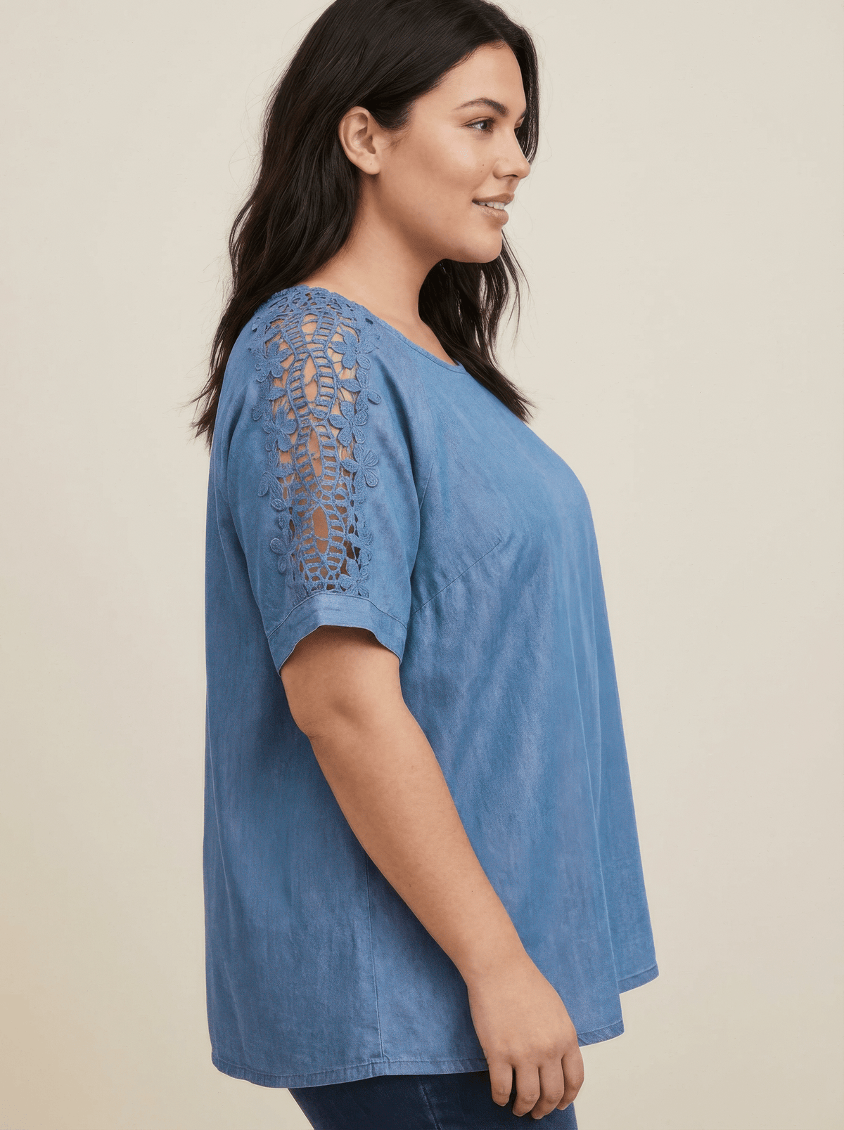 Women Plus Size Lace Sleeve Chambray-inspired Knit Top Shirts & Tops jehouze 