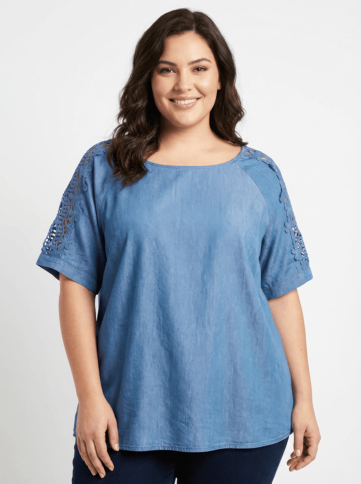 Women Plus Size Lace Sleeve Chambray-inspired Knit Top Shirts & Tops jehouze XL 