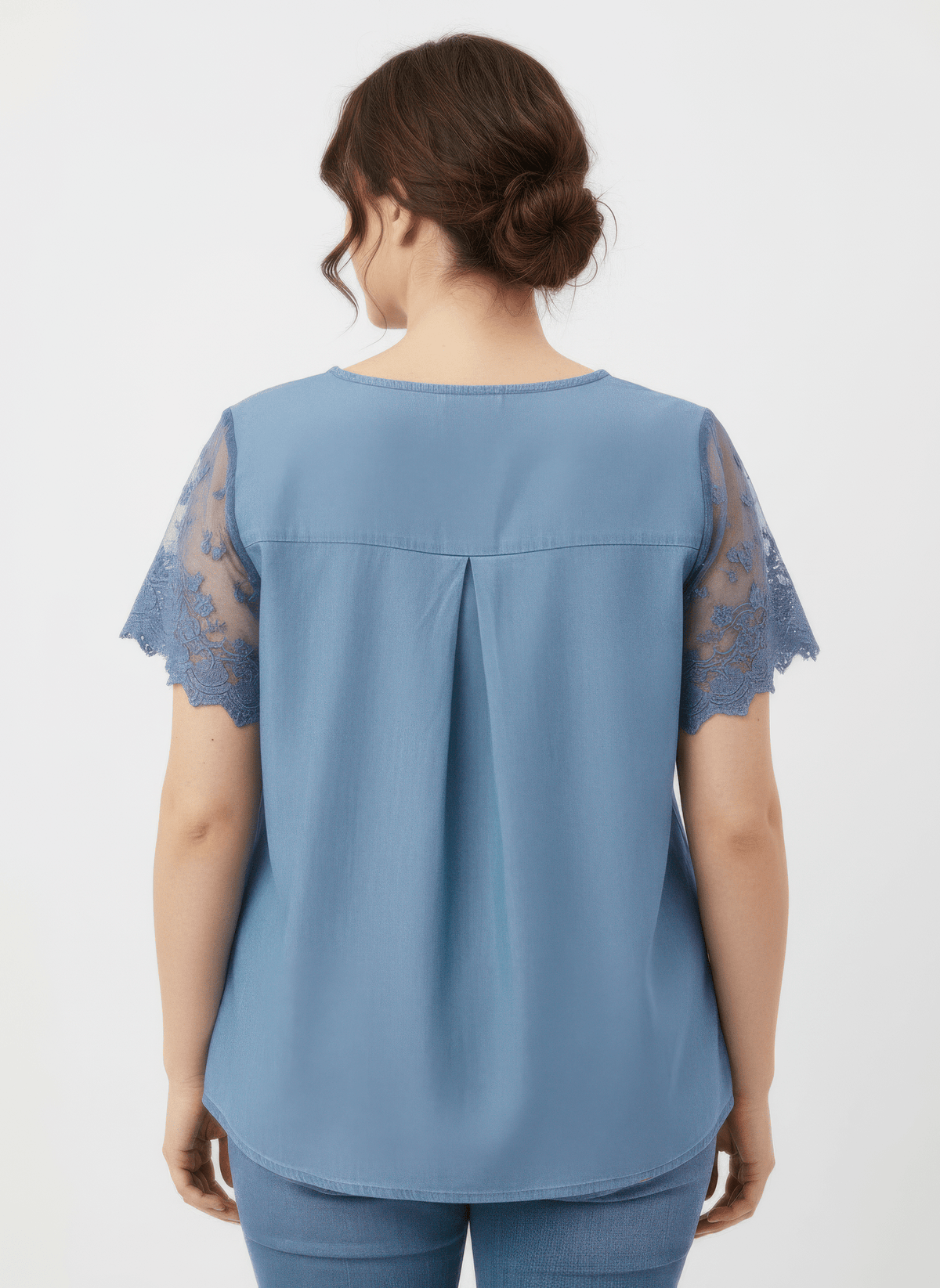 Women Plus Size Lace Yoke Flutter Sleeve Knit Top Shirts & Tops jehouze 