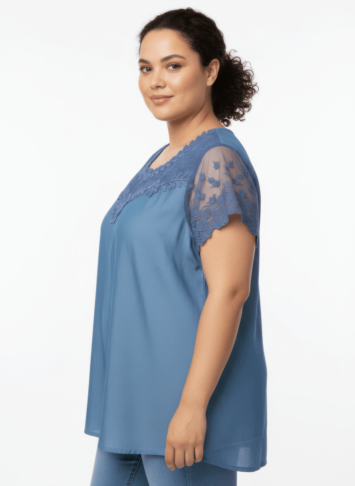 Women Plus Size Lace Yoke Flutter Sleeve Knit Top Shirts & Tops jehouze 