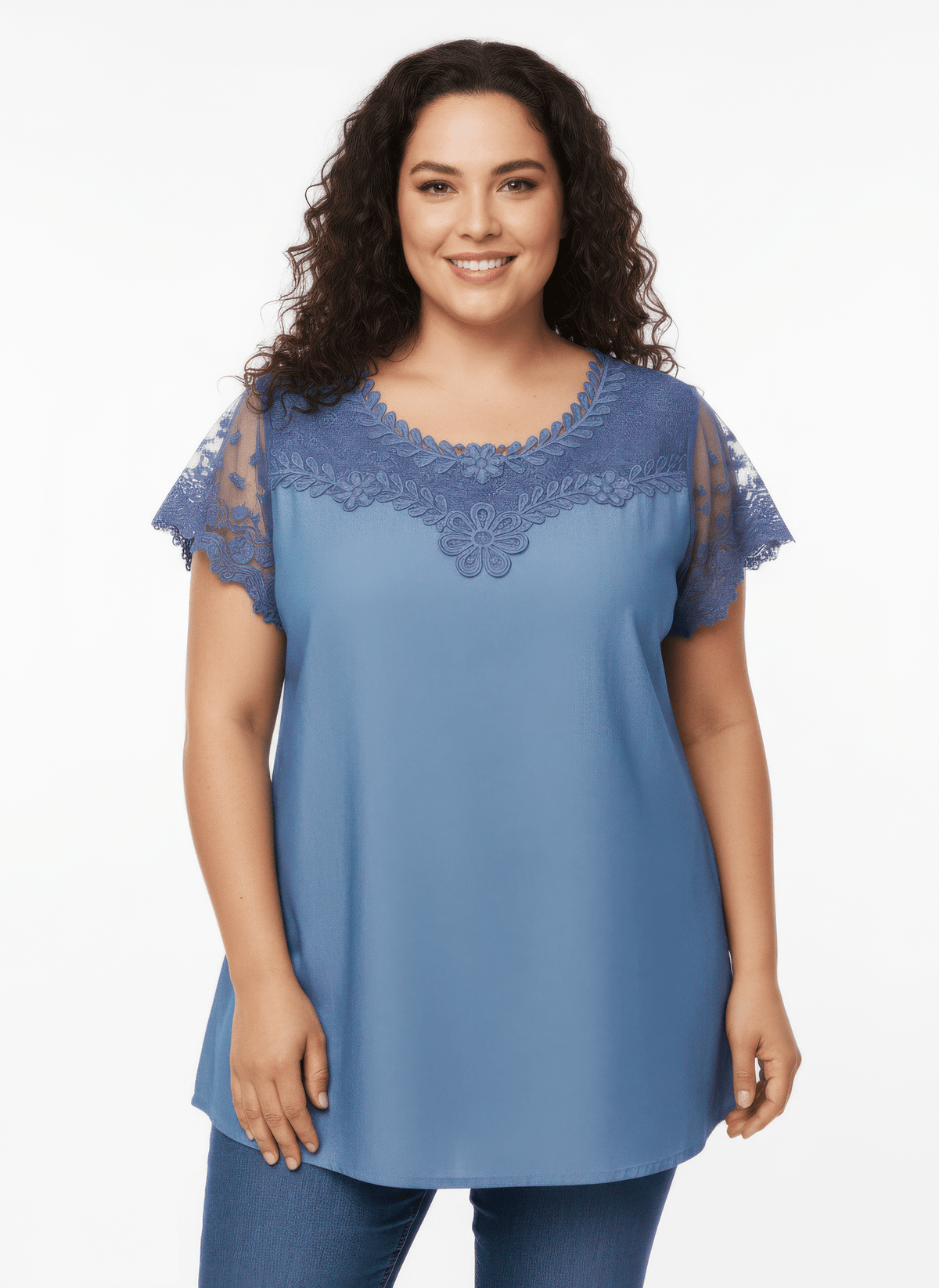 Women Plus Size Lace Yoke Flutter Sleeve Knit Top Shirts & Tops jehouze XL 