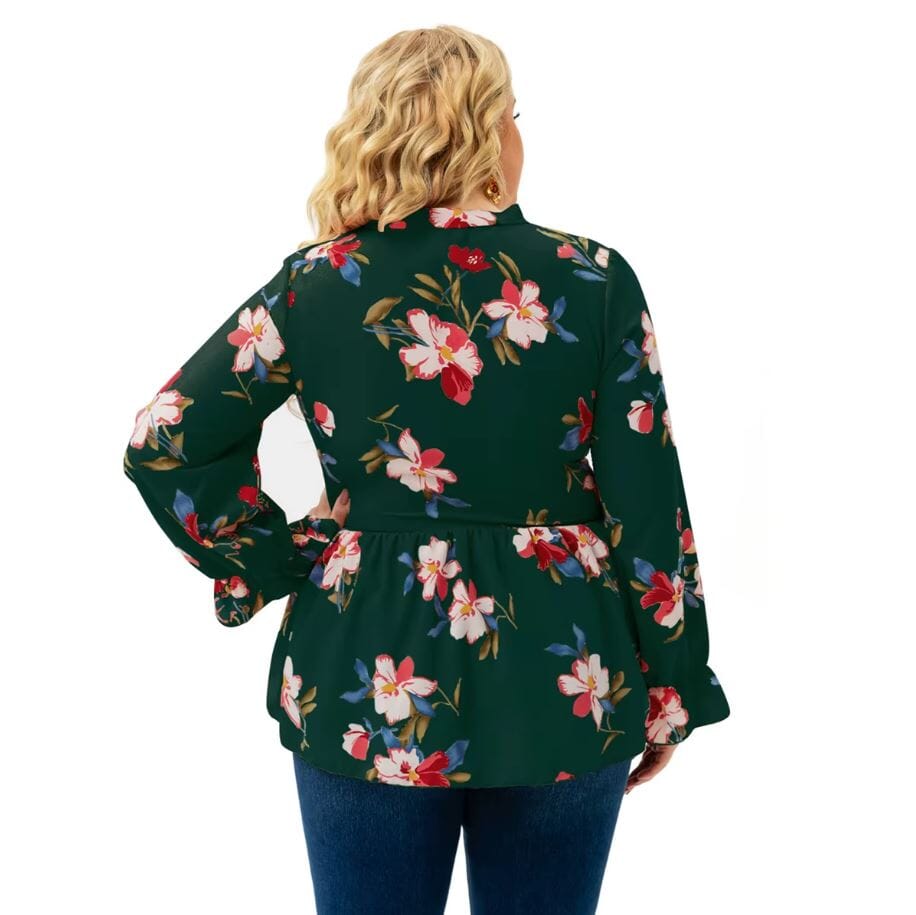 Women Plus Size Long Sleeve Floral print Ruffle Peplum Tops Shirts & Tops jehouze 