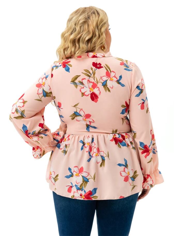 Women Plus Size Long Sleeve Floral print Ruffle Peplum Tops Shirts & Tops jehouze 