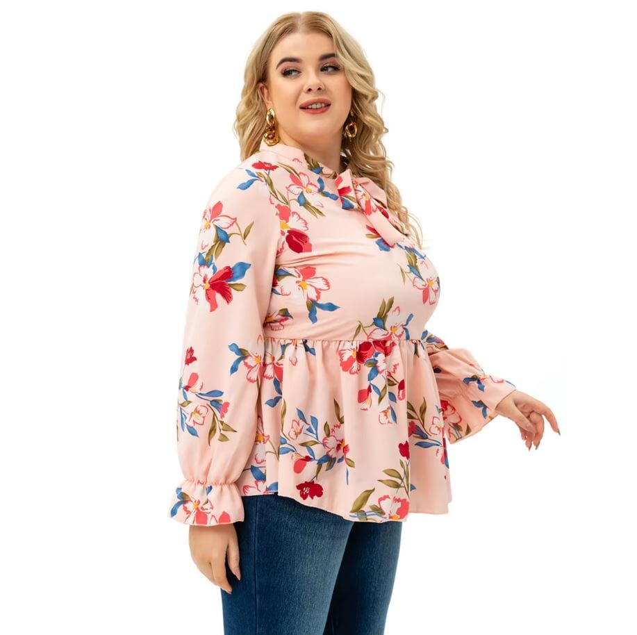 Women Plus Size Long Sleeve Floral print Ruffle Peplum Tops Shirts & Tops jehouze 