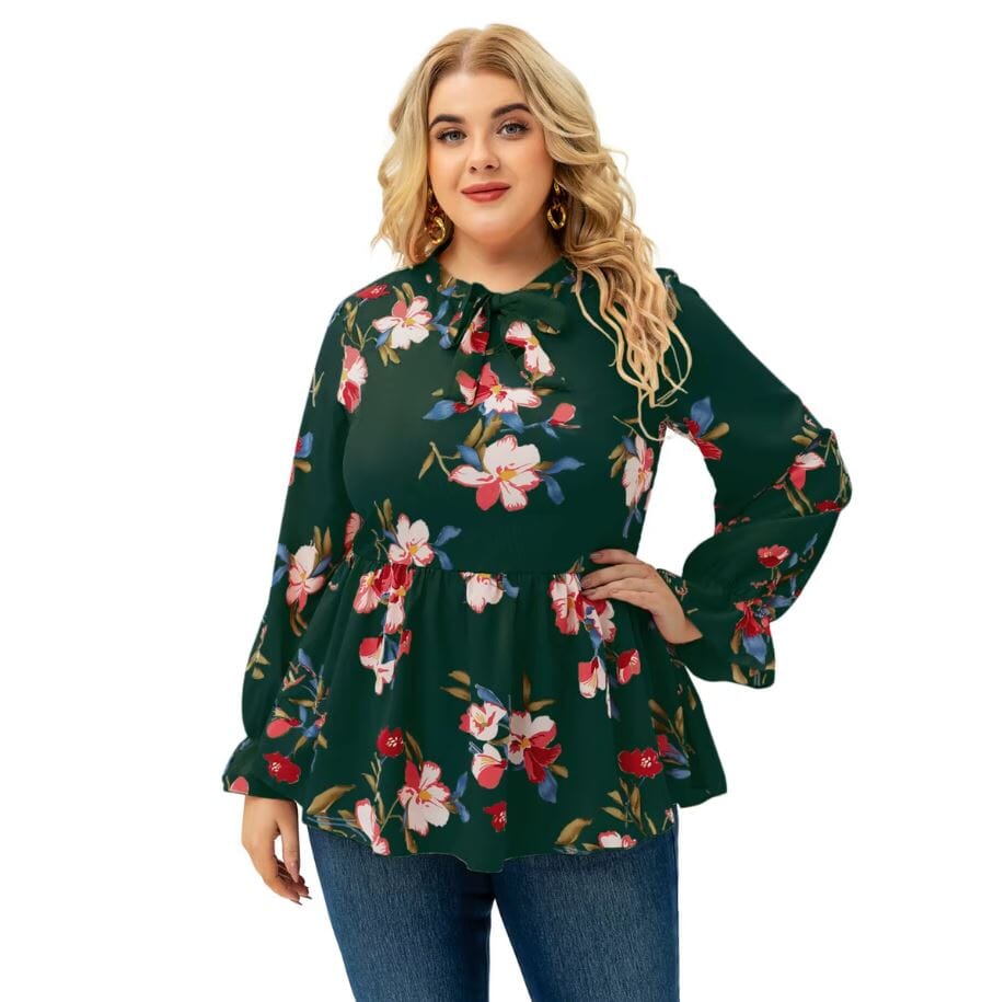 Women Plus Size Long Sleeve Floral print Ruffle Peplum Tops Shirts & Tops jehouze Palm Green XL 