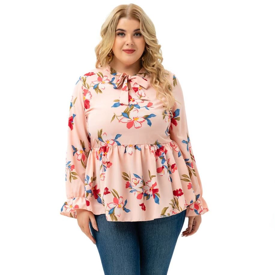 Women Plus Size Long Sleeve Floral print Ruffle Peplum Tops Shirts & Tops jehouze Peach Blush XL 