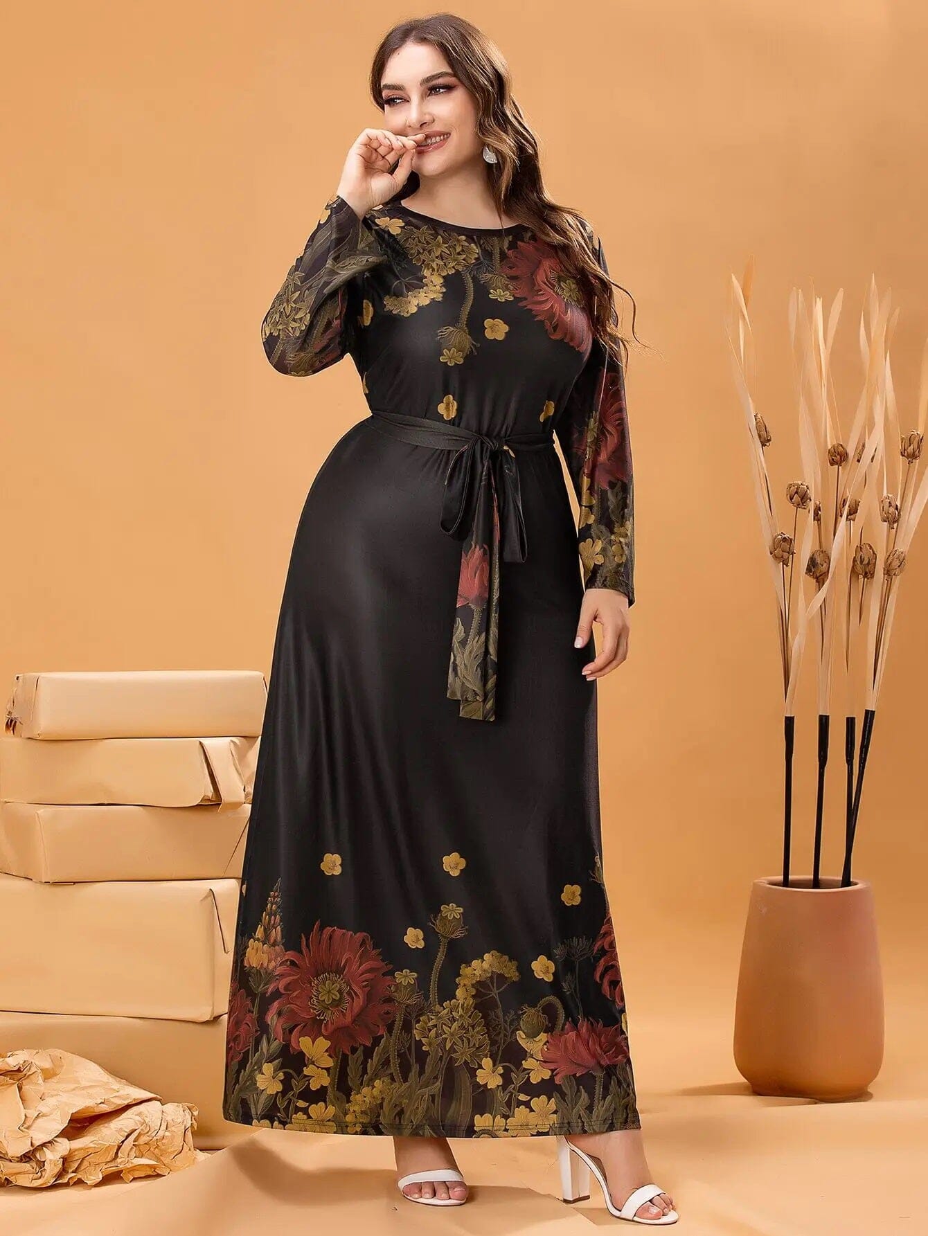 Women Plus Size Long Sleeve Floral Printed Casual Round Neck Long Maxi Dress Dresses jehouze 