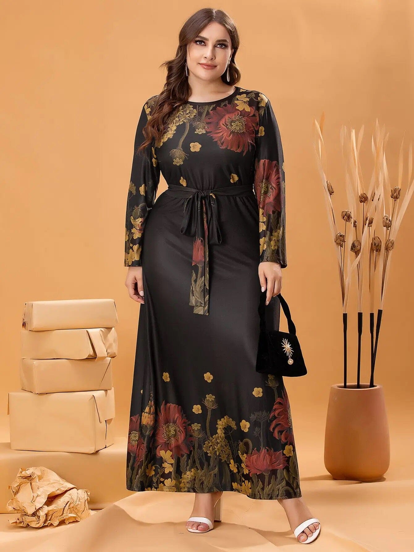 Women Plus Size Long Sleeve Floral Printed Casual Round Neck Long Maxi Dress Dresses jehouze 