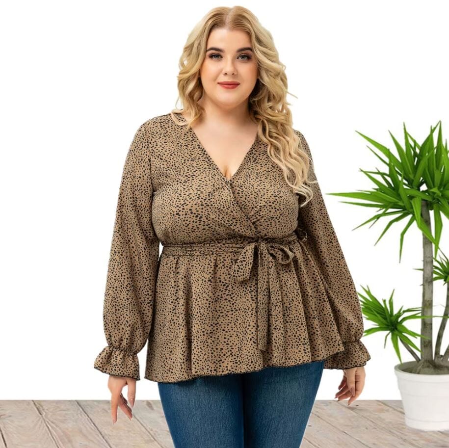 Women Plus Size Long Sleeve Floral Wrap V Neck Tie Loose Fit Flowy Tops Shirts & Tops jehouze 