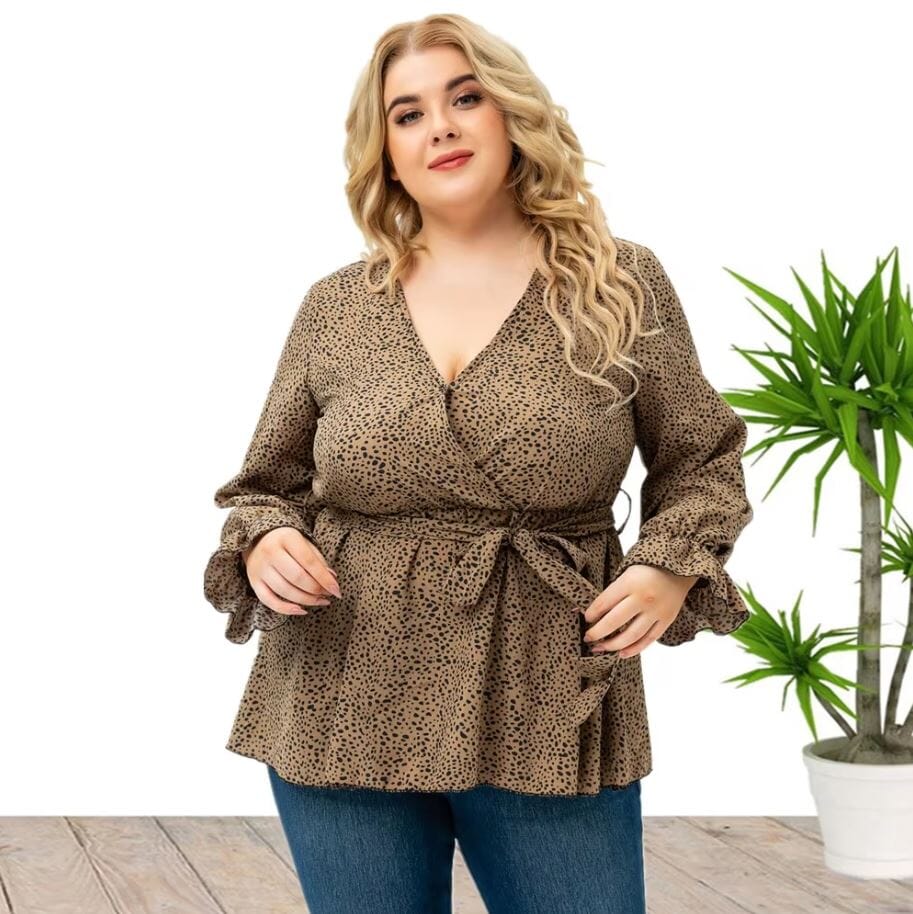 Women Plus Size Long Sleeve Floral Wrap V Neck Tie Loose Fit Flowy Tops Shirts & Tops jehouze 