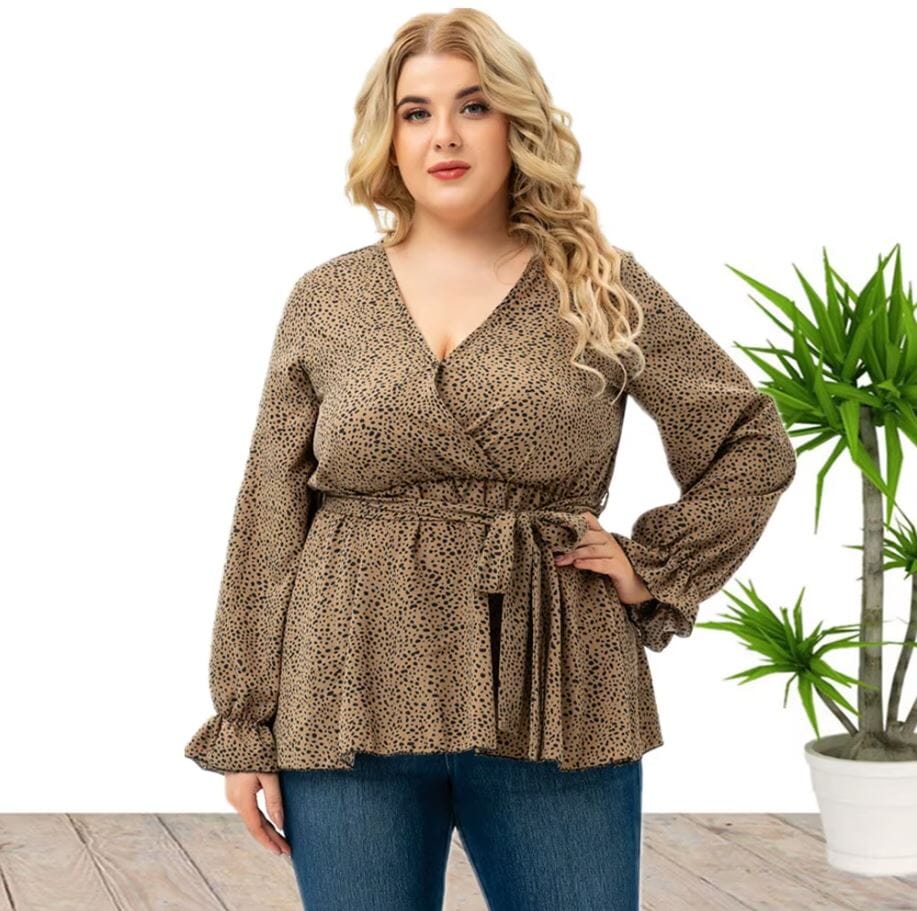 Women Plus Size Long Sleeve Floral Wrap V Neck Tie Loose Fit Flowy Tops Shirts & Tops jehouze 