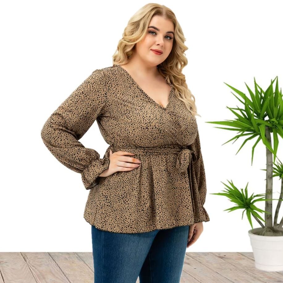 Women Plus Size Long Sleeve Floral Wrap V Neck Tie Loose Fit Flowy Tops Shirts & Tops jehouze XL 