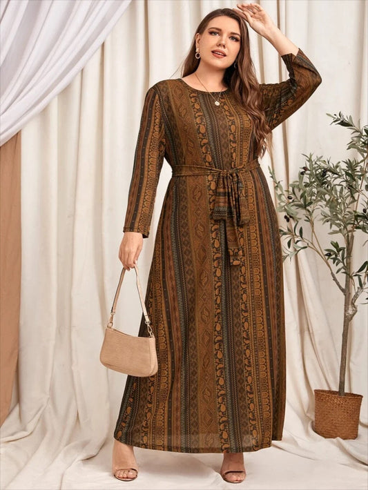 Women Plus Size Long Sleeve Round Neck Self tie Belted Printed Long Dress Dresses jehouze 1 L 