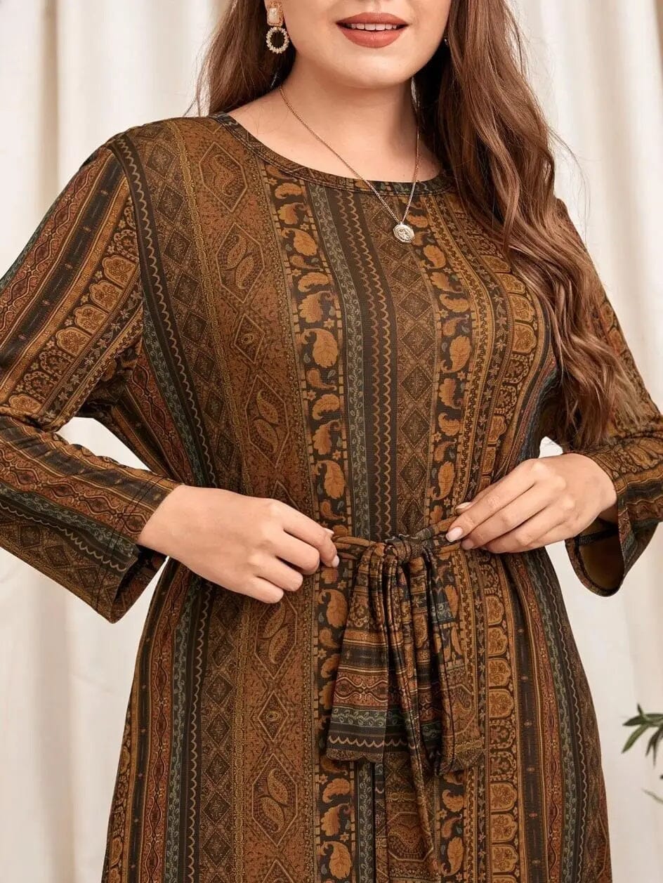 Women Plus Size Long Sleeve Round Neck Self tie Belted Printed Long Dress Dresses jehouze 