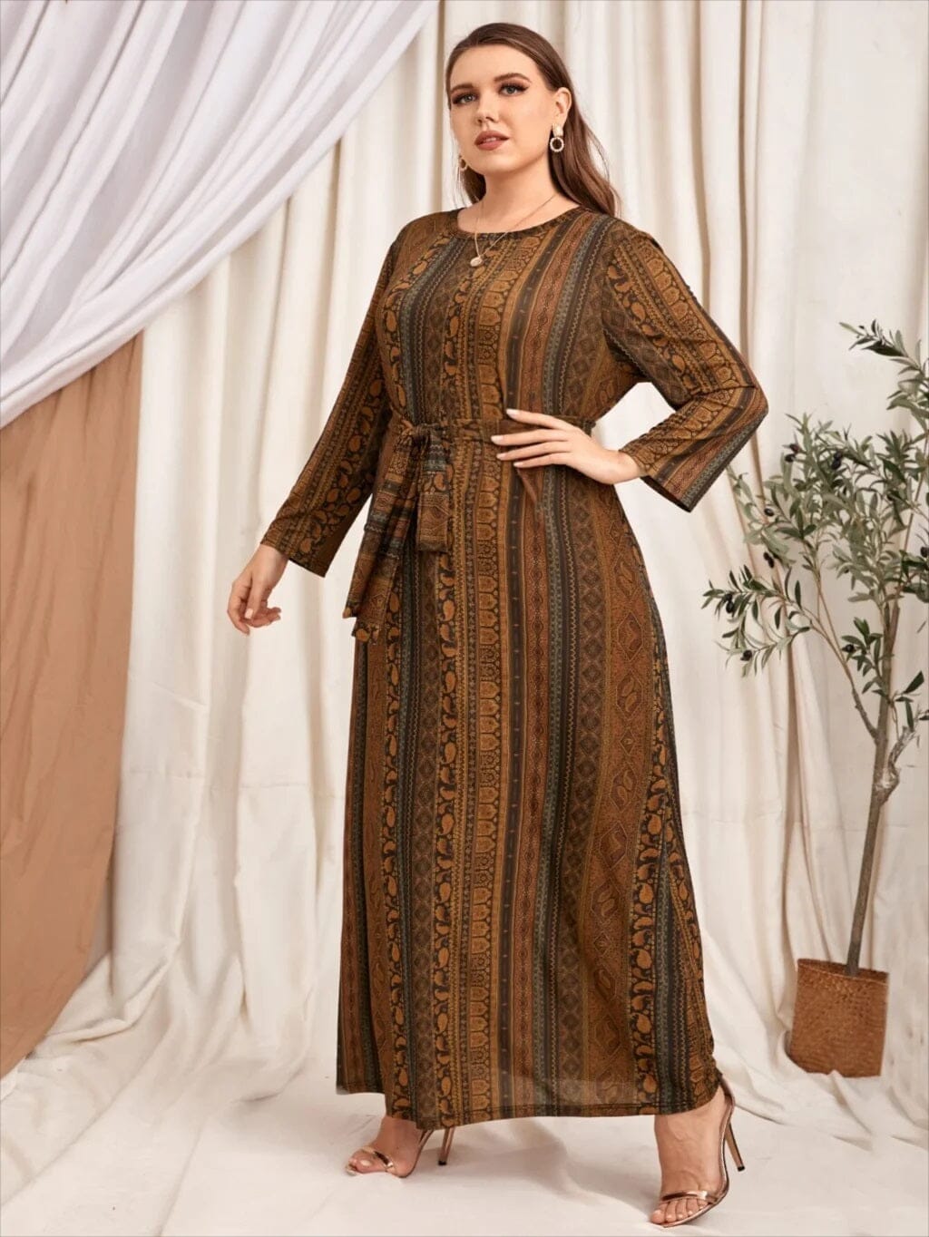 Women Plus Size Long Sleeve Round Neck Self tie Belted Printed Long Dress Dresses jehouze 