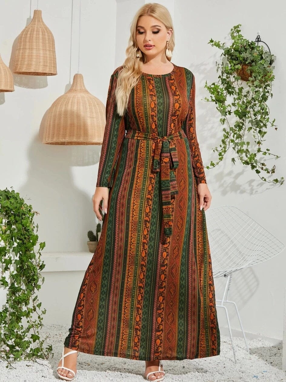 Women Plus Size Long Sleeve Round Neck Self tie Belted Printed Long Dress Dresses jehouze 