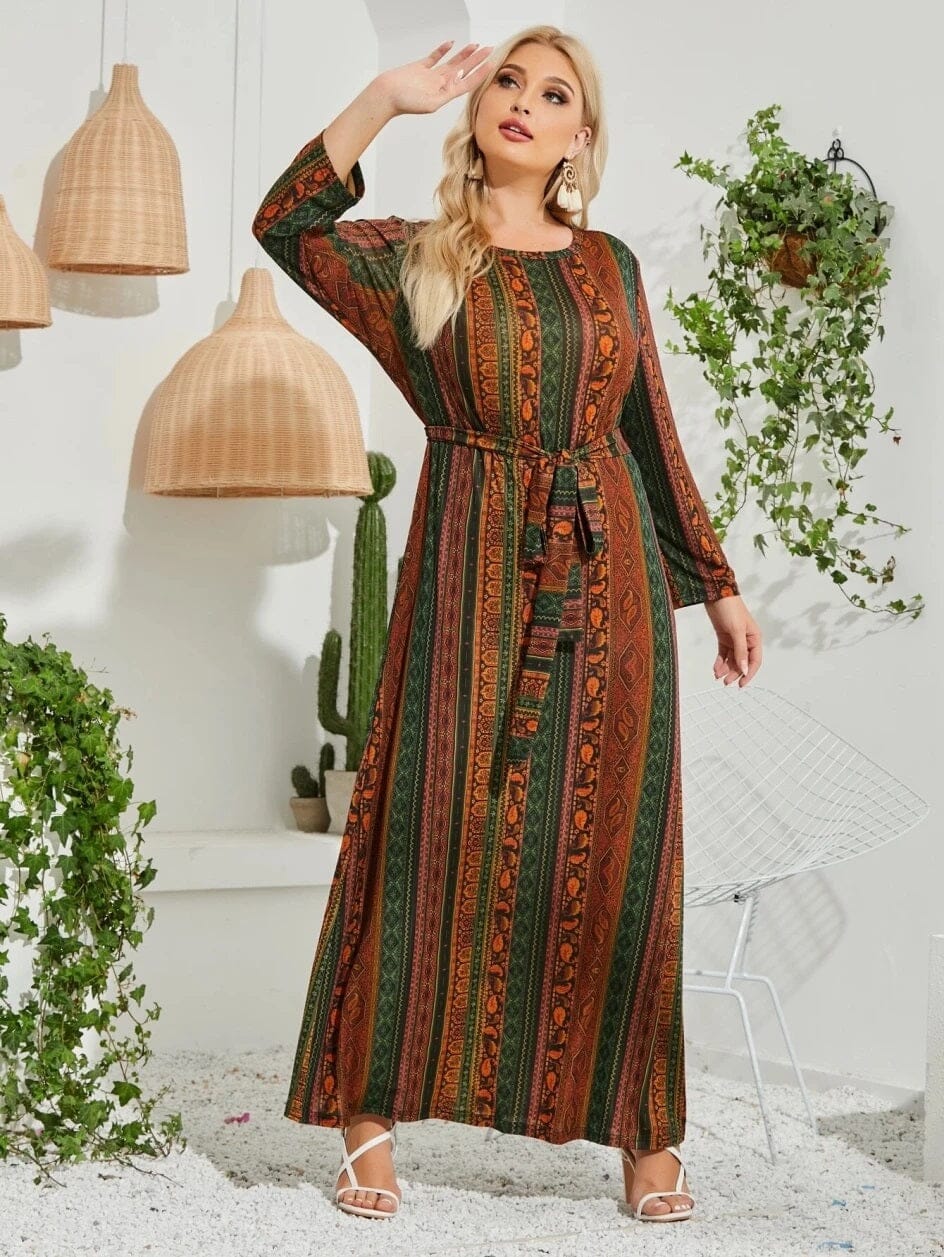 Women Plus Size Long Sleeve Round Neck Self tie Belted Printed Long Dress Dresses jehouze 