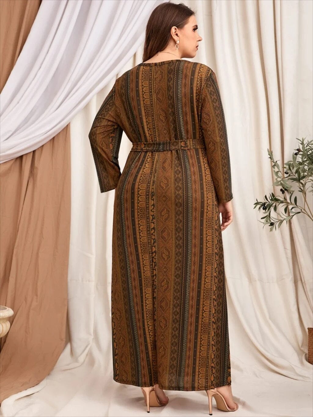 Women Plus Size Long Sleeve Round Neck Self tie Belted Printed Long Dress Dresses jehouze 