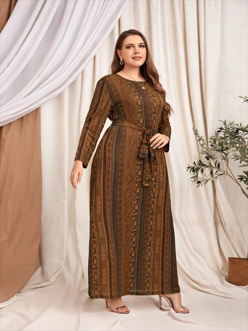 Women Plus Size Long Sleeve Round Neck Self tie Belted Printed Long Dress Dresses jehouze 