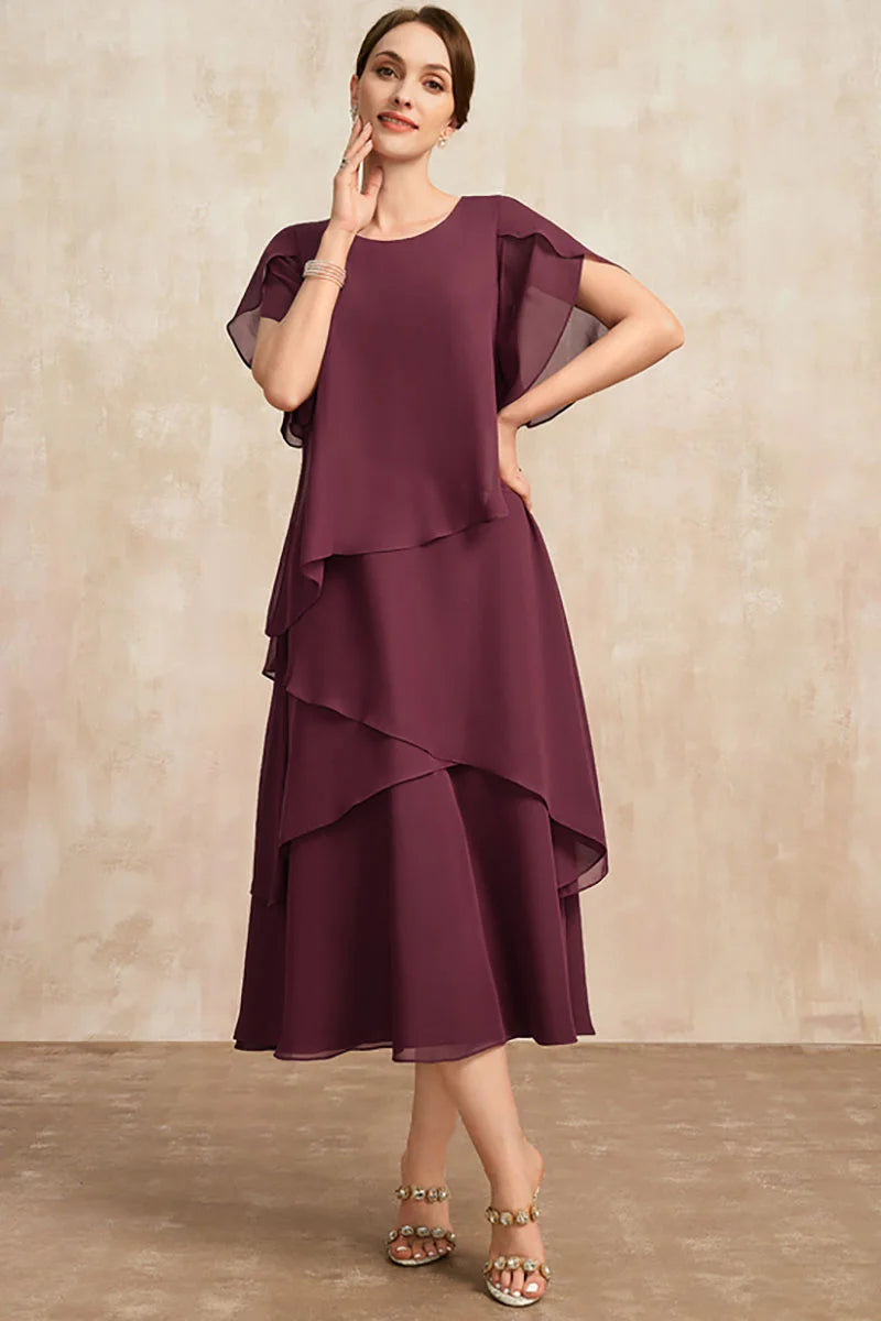 Women Plus Size Petal Sleeve Round Neck Layered Irregular Flowy Long Maxi Dress Dresses jehouze Burgundy L 