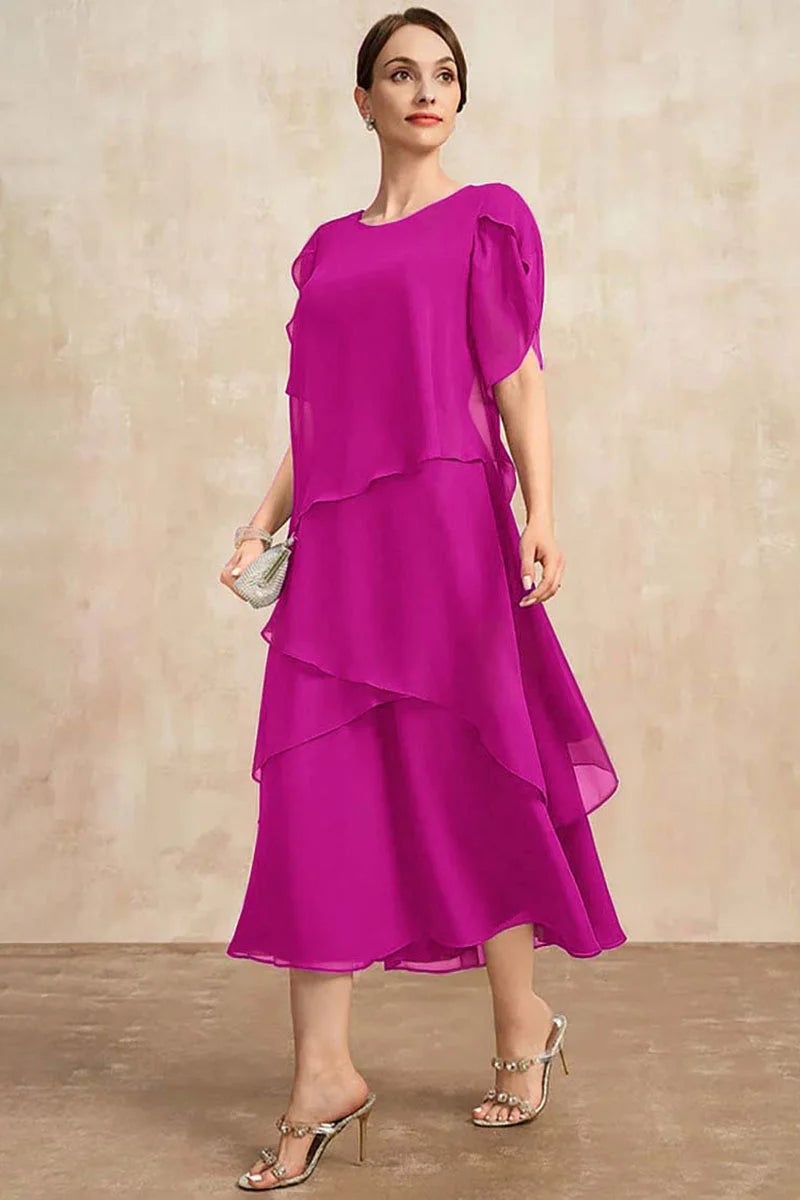 Women Plus Size Petal Sleeve Round Neck Layered Irregular Flowy Long Maxi Dress Dresses jehouze Dark Pink L 