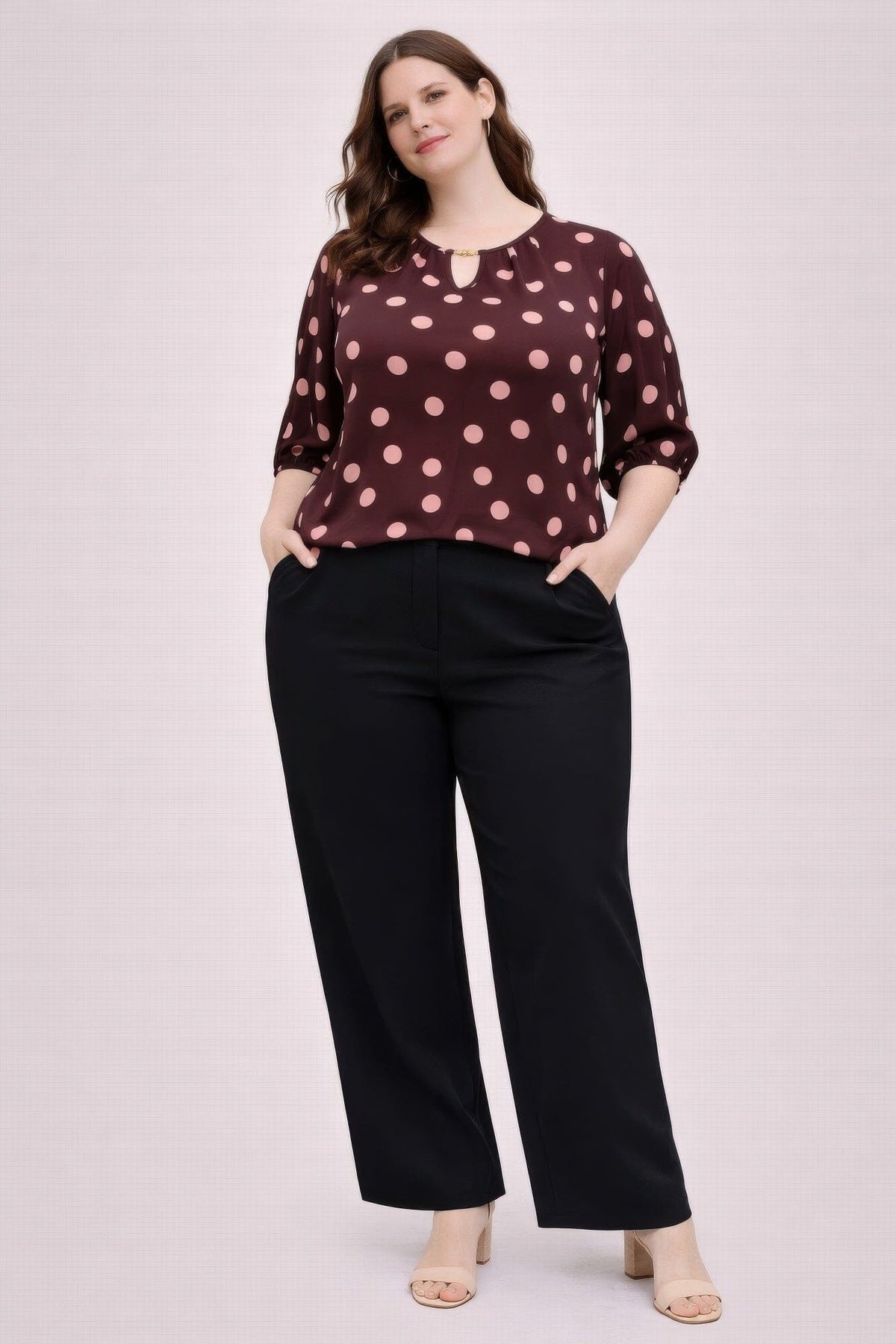 Women Plus Size Polka Dot Split-neck Blouse With Puff Sleeves Shirts & Tops jehouze XL 