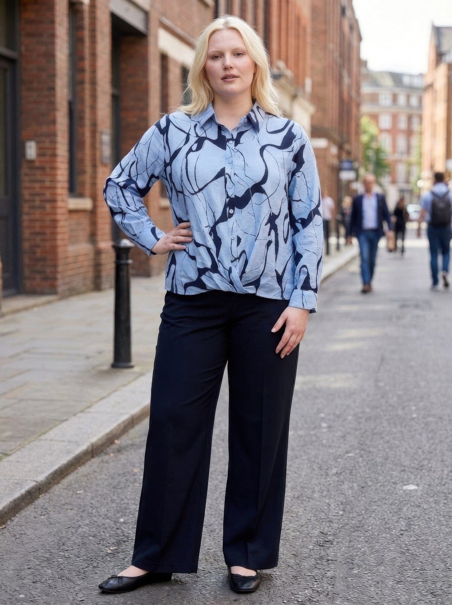 Women Plus Size Rust Abstract Print Button-up Shirt Shirts & Tops jehouze Blue XL 
