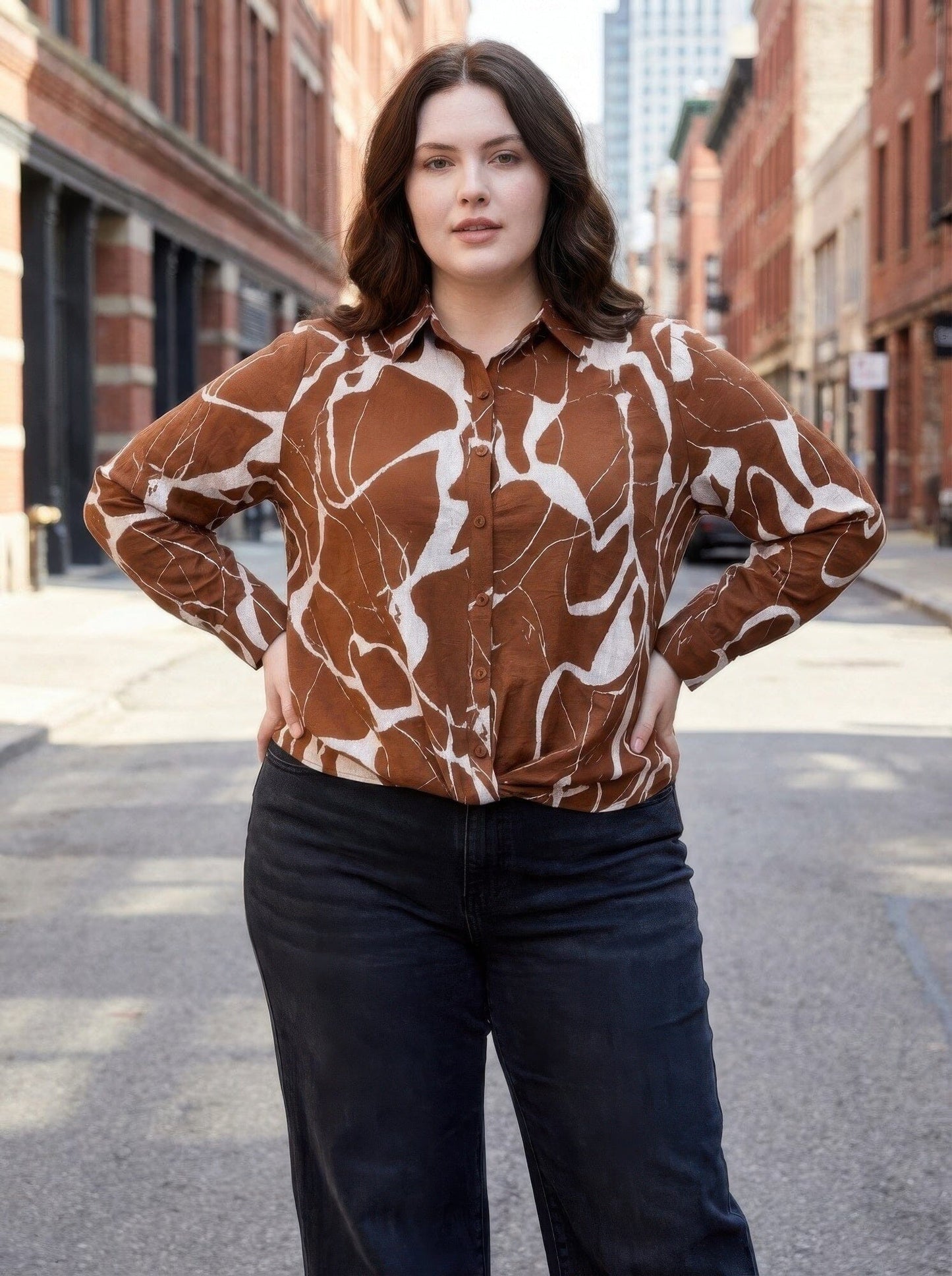 Women Plus Size Rust Abstract Print Button-up Shirt Shirts & Tops jehouze Brown XL 