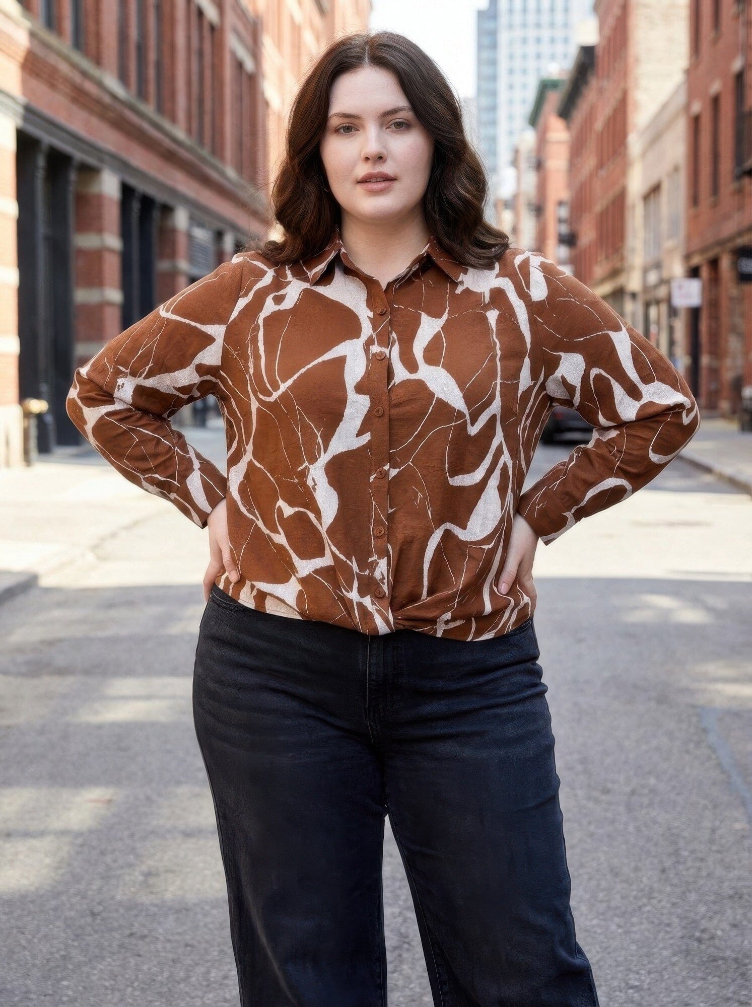 Women Plus Size Rust Abstract Print Button-up Shirt Shirts & Tops jehouze Brown XL 