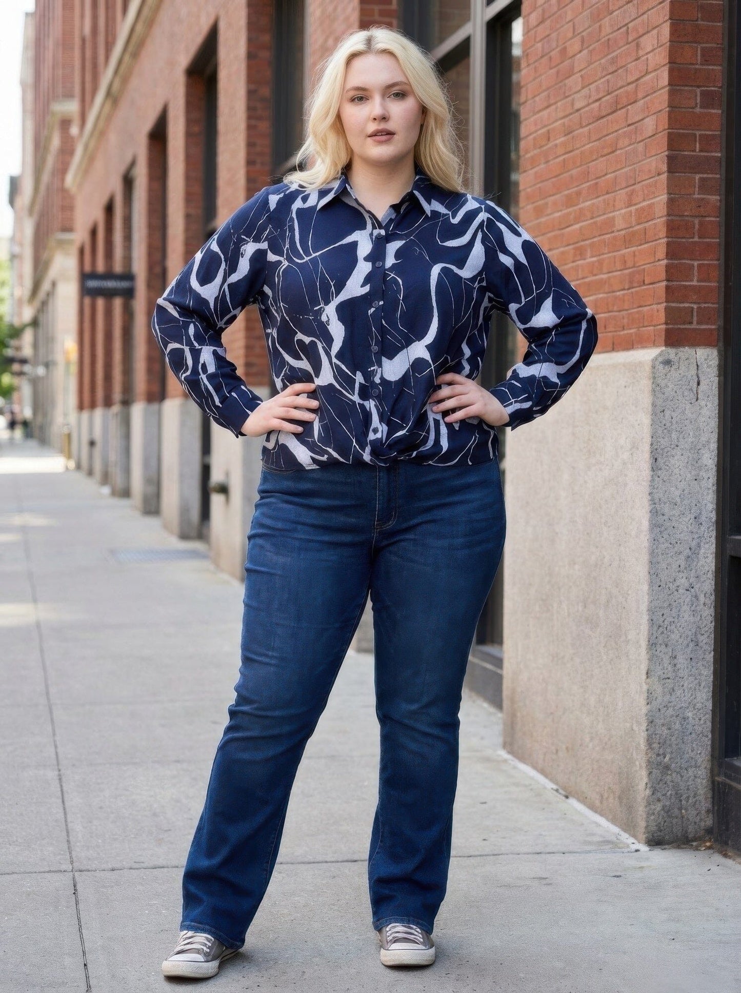 Women Plus Size Rust Abstract Print Button-up Shirt Shirts & Tops jehouze Navy blue XL 
