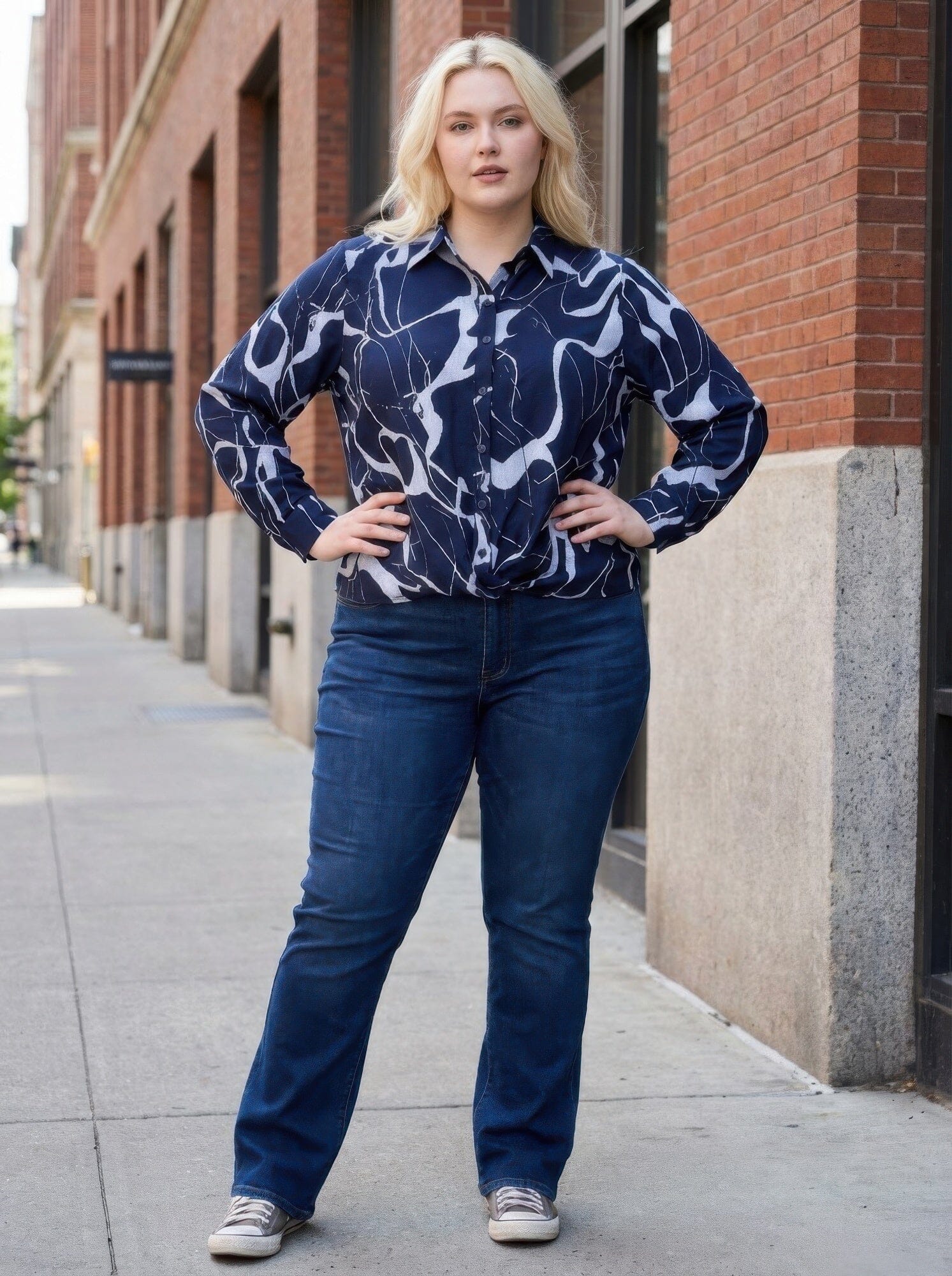 Women Plus Size Rust Abstract Print Button-up Shirt Shirts & Tops jehouze Navy blue XL 