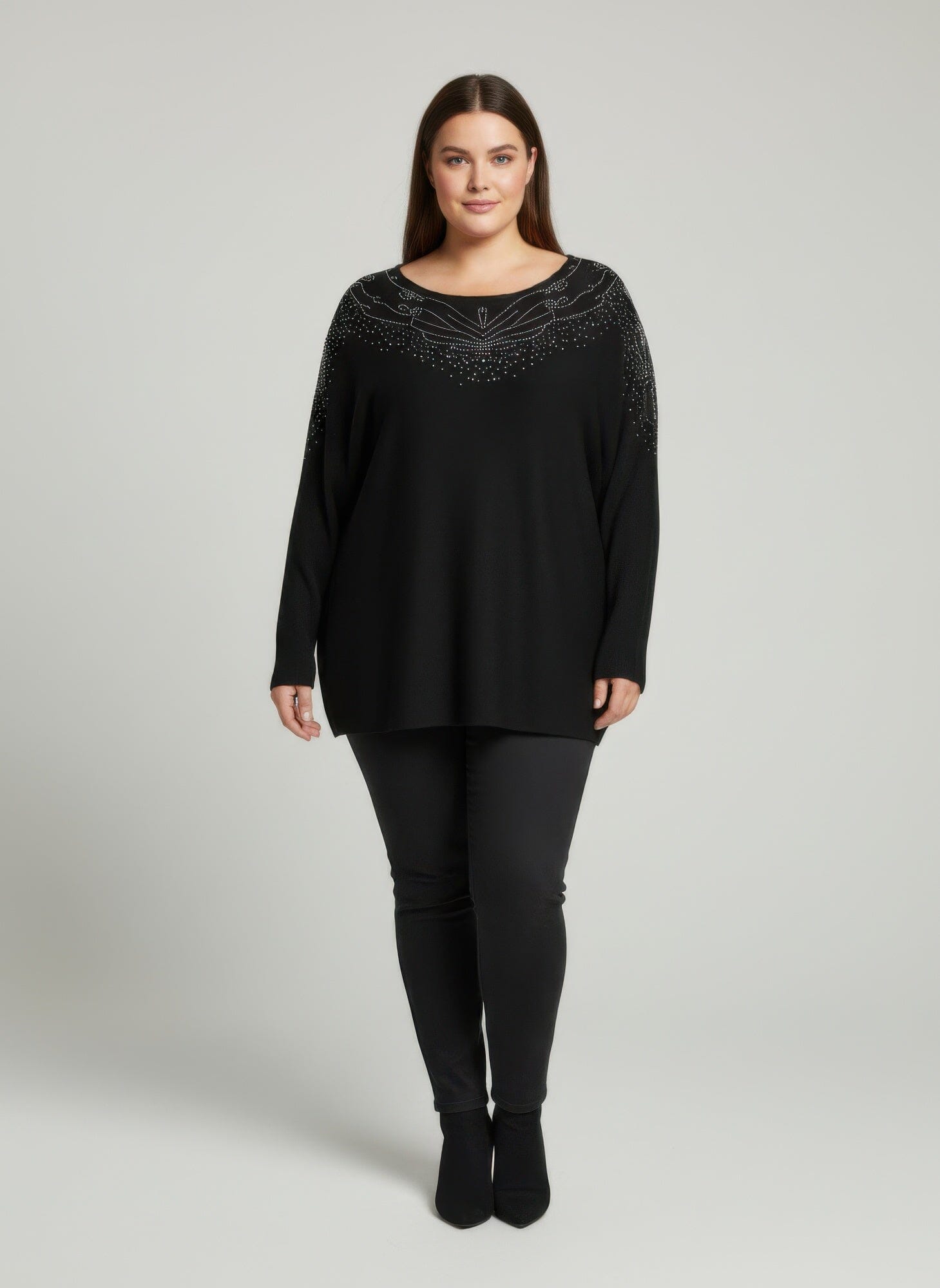 Women Plus Size Scarlet Embellished Neckline Dolman Sleeve Tunic Top Shirts & Tops jehouze Black L 