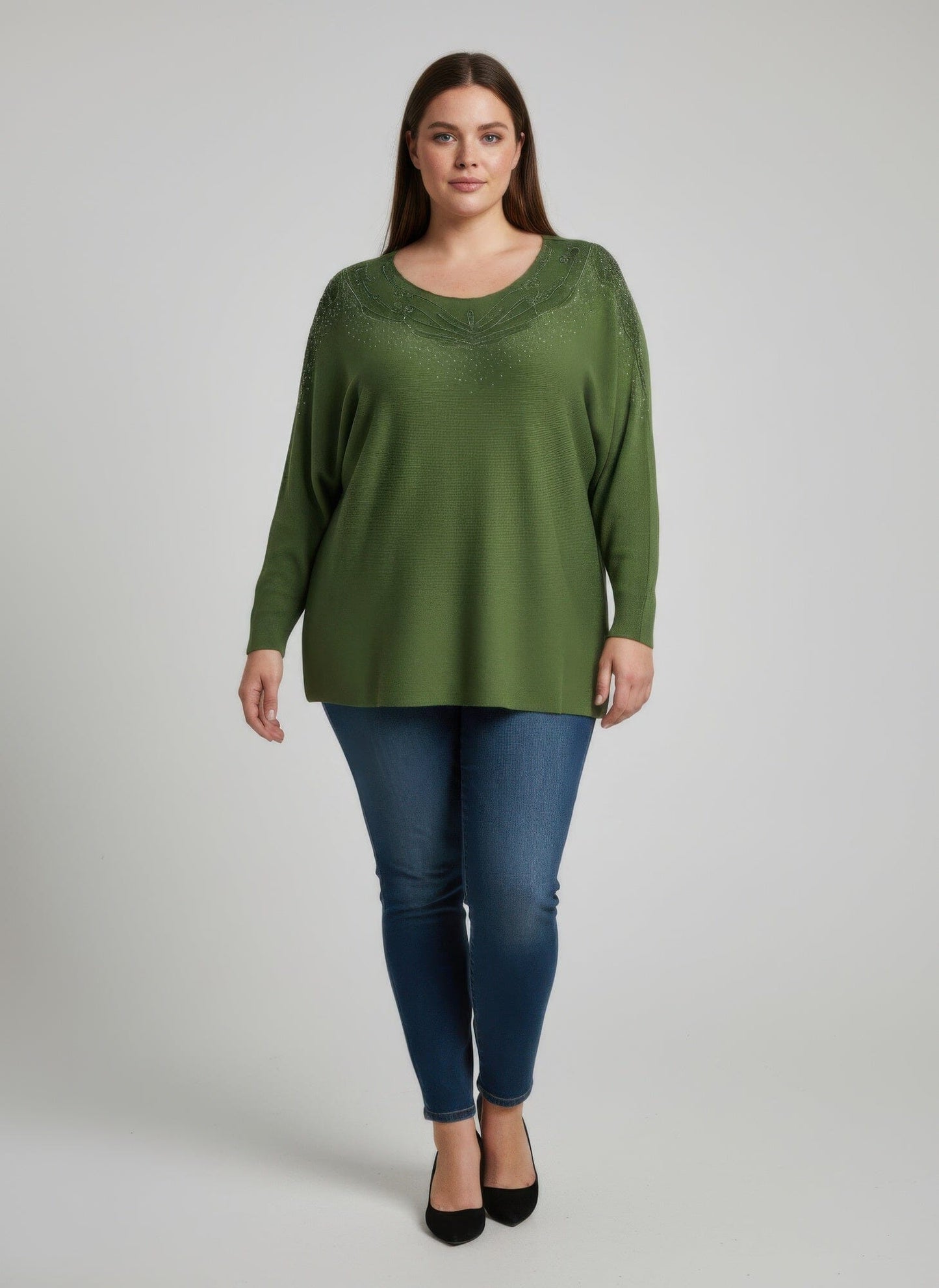 Women Plus Size Scarlet Embellished Neckline Dolman Sleeve Tunic Top Shirts & Tops jehouze Olive L 